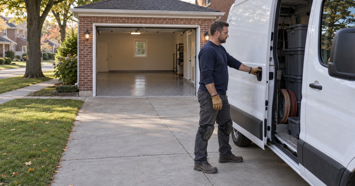 The installer closing up the work van in a Skokie driveway after finishing a garage floor.