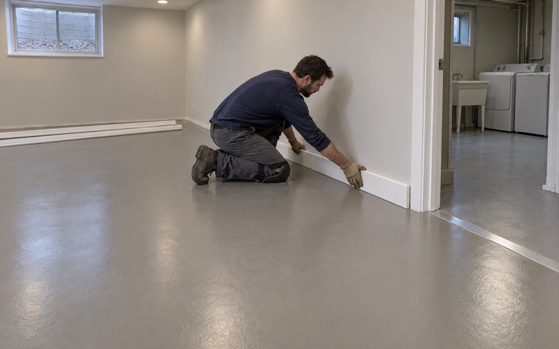 Baseboard set back along the wall above a new gray epoxy floor in a finished Skokie basement.