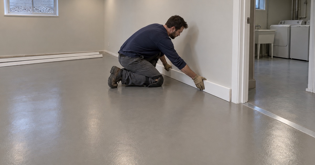Baseboard set back along the wall above a new gray epoxy floor in a finished Skokie basement.