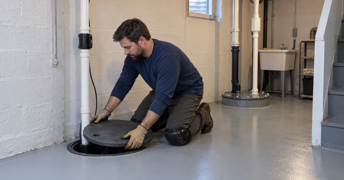 A coated Skokie basement floor around a sealed sump basin, its lid being set back on the rim beside the check-valve pipe.