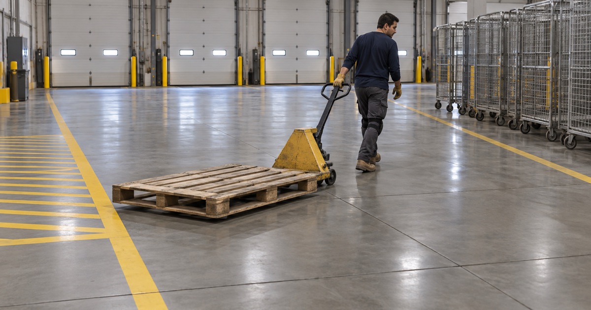 An empty pallet drawn across a coated delivery-station floor in Skokie, yellow walkway lines alongside.