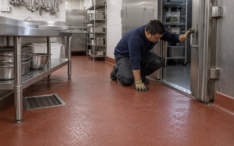 A quarry-red urethane cement floor in a Skokie restaurant kitchen running into the walk-in cooler threshold.