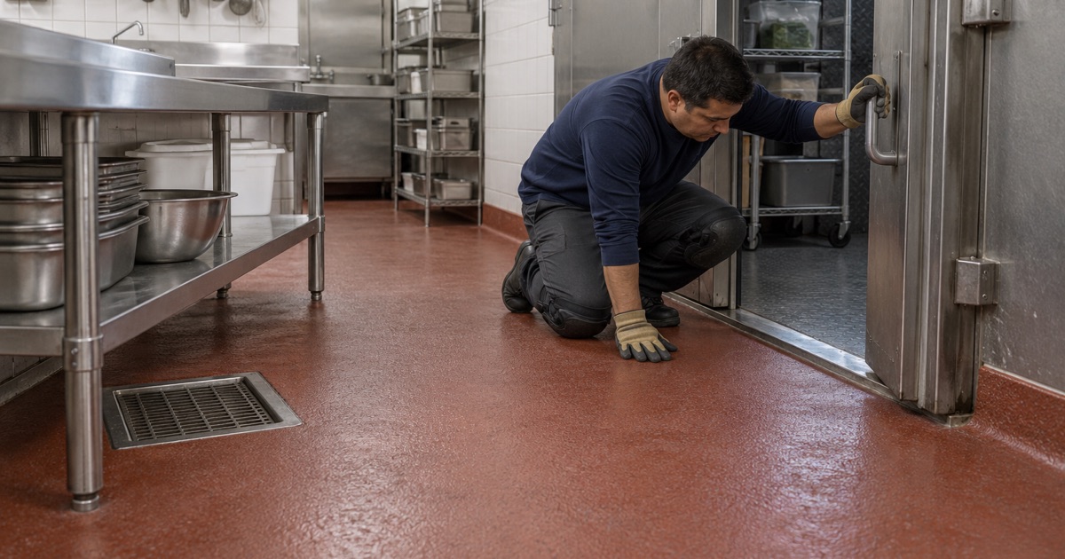 A quarry-red urethane cement floor in a Skokie restaurant kitchen running into the walk-in cooler threshold.