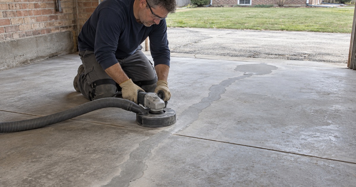 A crack repair in an old Skokie garage slab ground flush with a shrouded grinder before coating.