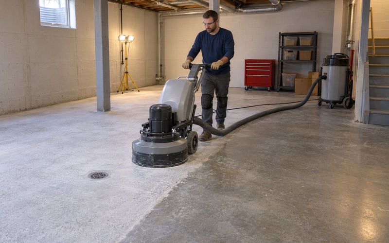 A walk-behind planetary grinder opening the surface of a Skokie basement slab, a vacuum hose running to the extractor.