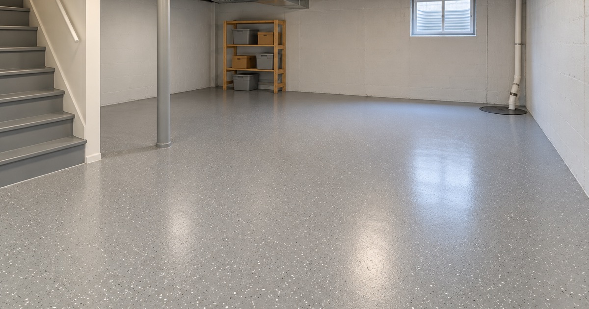 A finished, empty light gray epoxy basement floor in a Skokie house, the sump basin sealed flush in the corner.