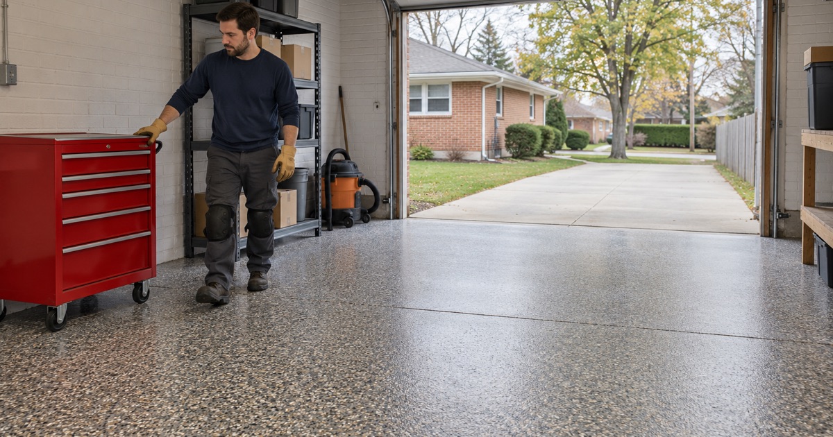 A rolling tool chest wheeled back into a detached Skokie garage onto its new gray and tan flake floor.