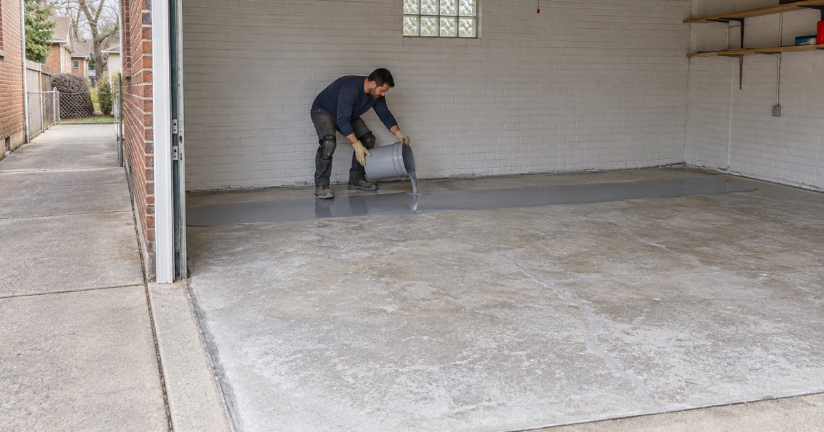 Gray epoxy base coat poured in a ribbon onto the ground slab of a detached Skokie garage.