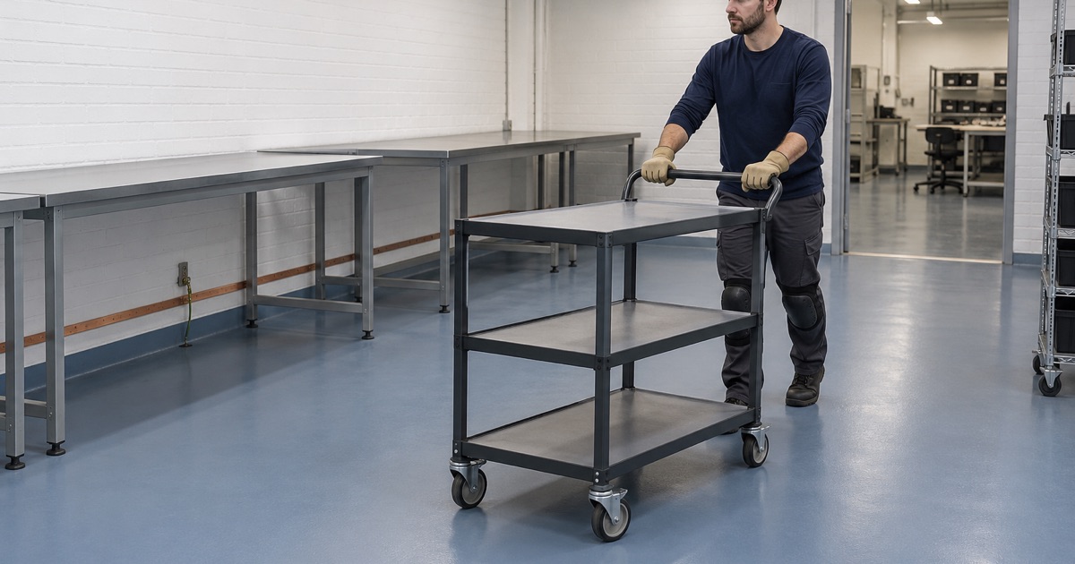 A static-safe cart rolled across a grounded static-dissipative floor in a Skokie electronics assembly room.