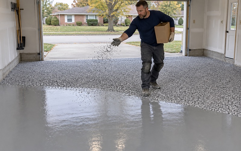 Gray, black and white flake broadcast mid-throw over a wet base coat in an attached Skokie garage.