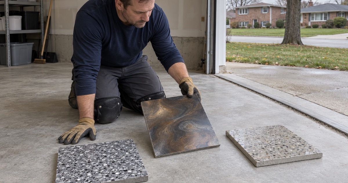 Three cured finish samples, flake, metallic and polished concrete, compared in daylight on a bare Skokie garage slab.