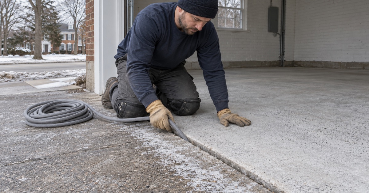 Foam backer rod pressed into the joint between a detached Skokie garage slab and its salt-stained driveway apron.