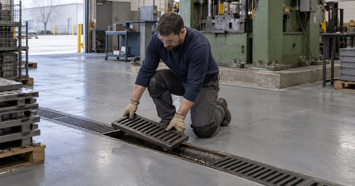 A heavy steel trench drain grate lowered back into its frame in a coated Skokie manufacturing floor.