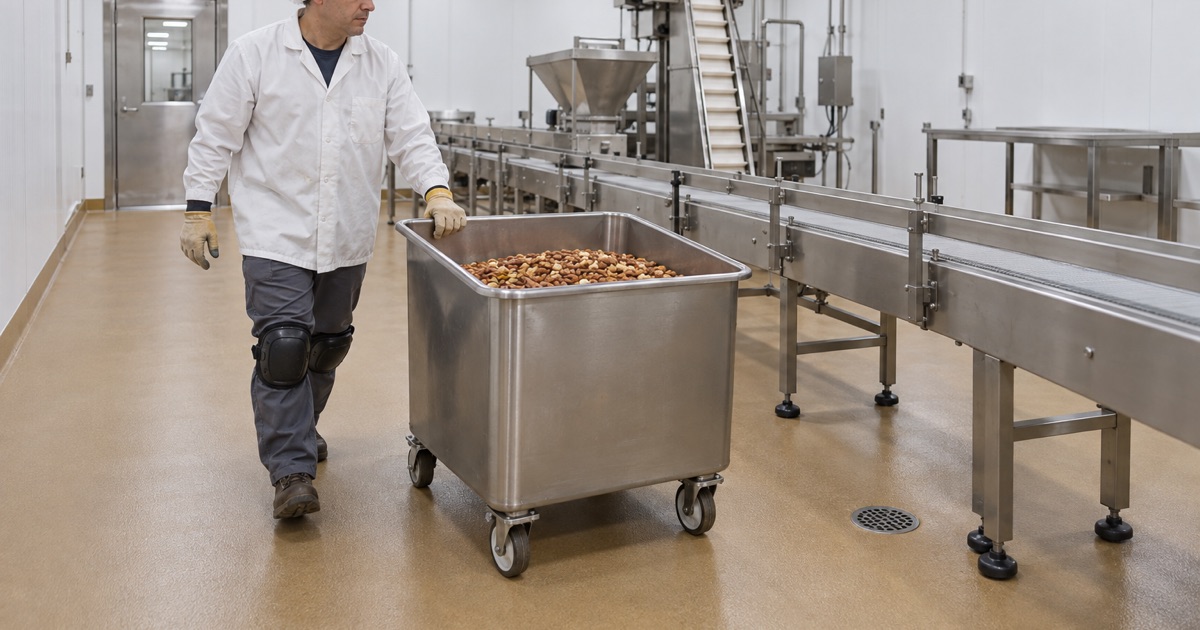 A coated food-plant packaging floor in Skokie, a wheeled stainless ingredient tote rolled along the conveyor line.
