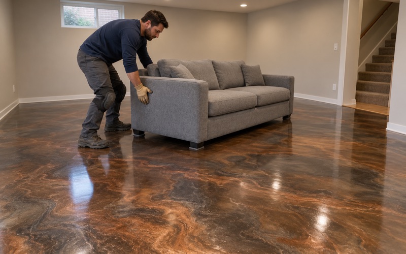 A sofa slid back onto a cured bronze and charcoal metallic epoxy floor in a Skokie basement rec room.