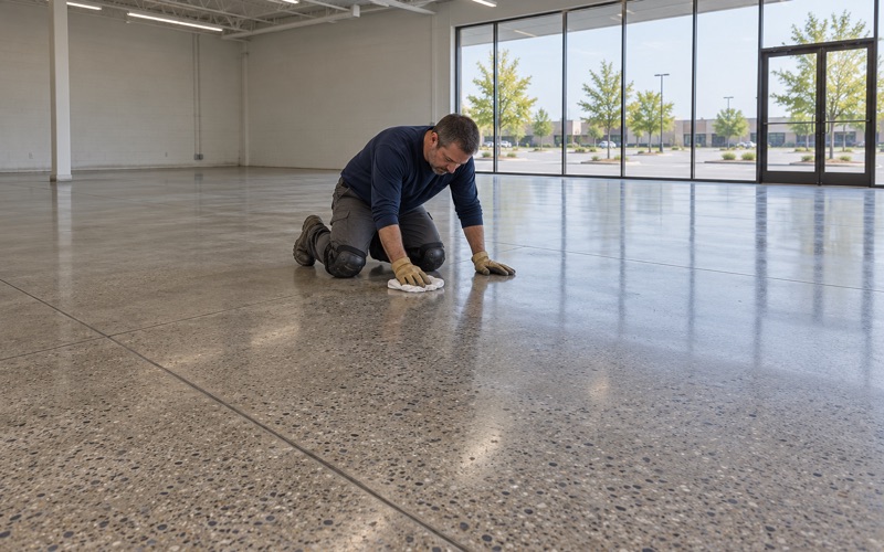A new polished concrete floor in a Skokie retail space, a small patch wiped clean to read the sheen.