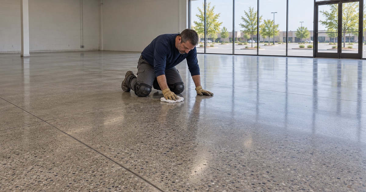 A new polished concrete floor in a Skokie retail space, a small patch wiped clean to read the sheen.