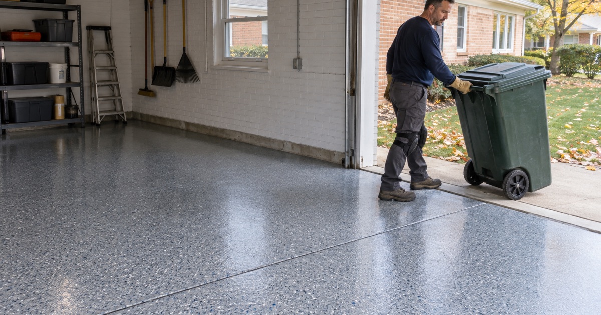 A wheeled garbage cart rolled back into a Skokie detached garage onto its same-day polyaspartic flake floor.